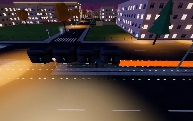 Co-op, seen from the second player’s camera: a tram with its warning corridor right next to a remote player on a street in Łódź at night