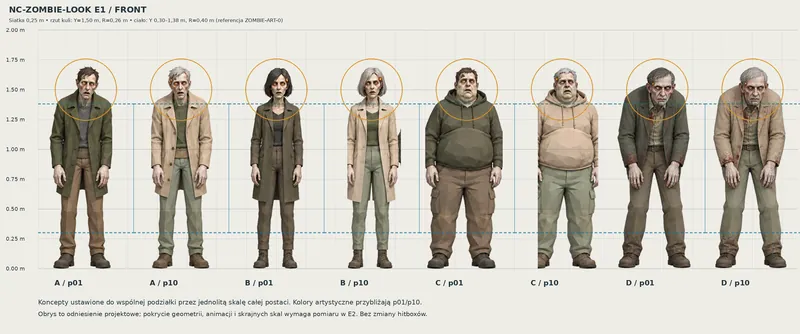 Lineup konceptu: osiem postaci zombie od przodu na skali wzrostu