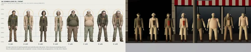 Montaż: po lewej postacie z planszy konceptu, po prawej te same rodzaje zombie wyrenderowane w grze